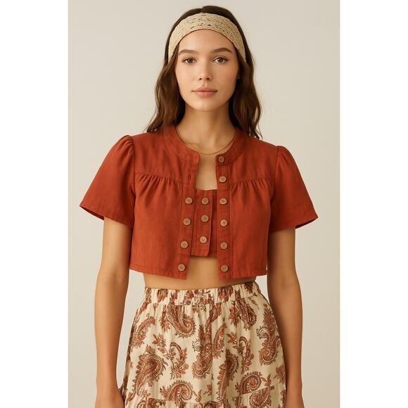 Forever Tops - Vintage Rust Red Cropped Linen Button‎ Blouse Cottagecore Boho Y2K Festival Top
